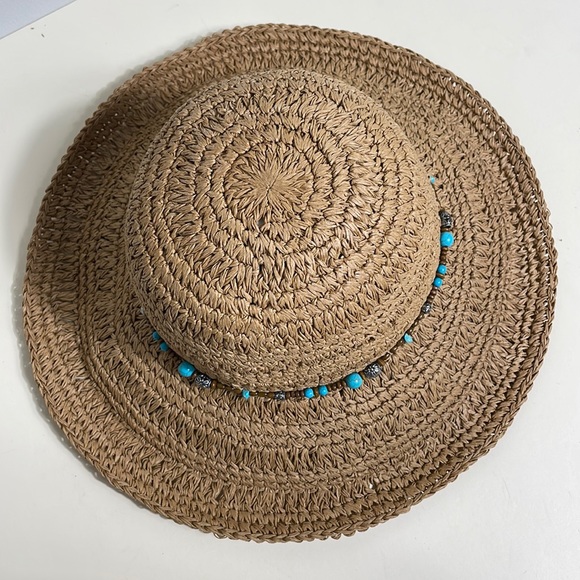 Sun ‘n’ Sand Tan Braided Straw floppy Hat With Turquoise Beaded Ribbon One Size - Picture 6 of 9